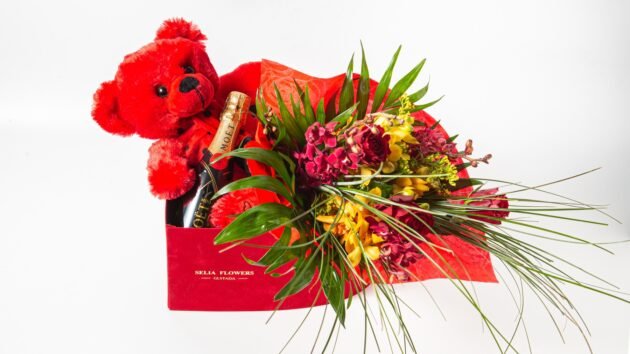 Big Velvet heart & orchids,roses & teddy bear & moet 200ml